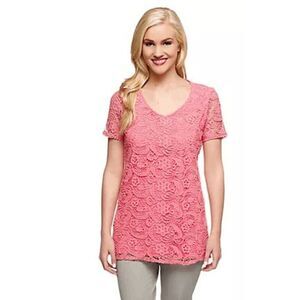 Liz Claiborne Womens Size 3X Short Sleeve Lace Front Knit Tunic Top Pink NWT